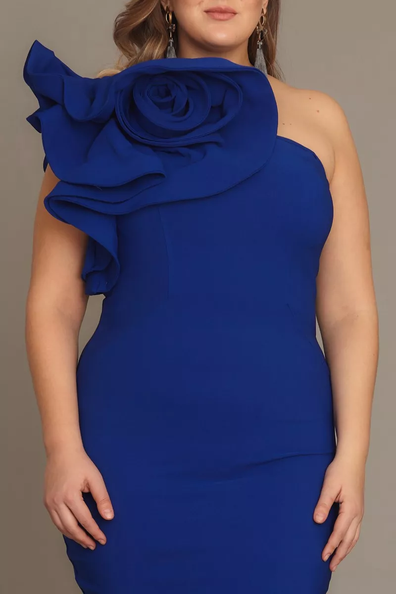 Blue plus size crepe one arm mini dress